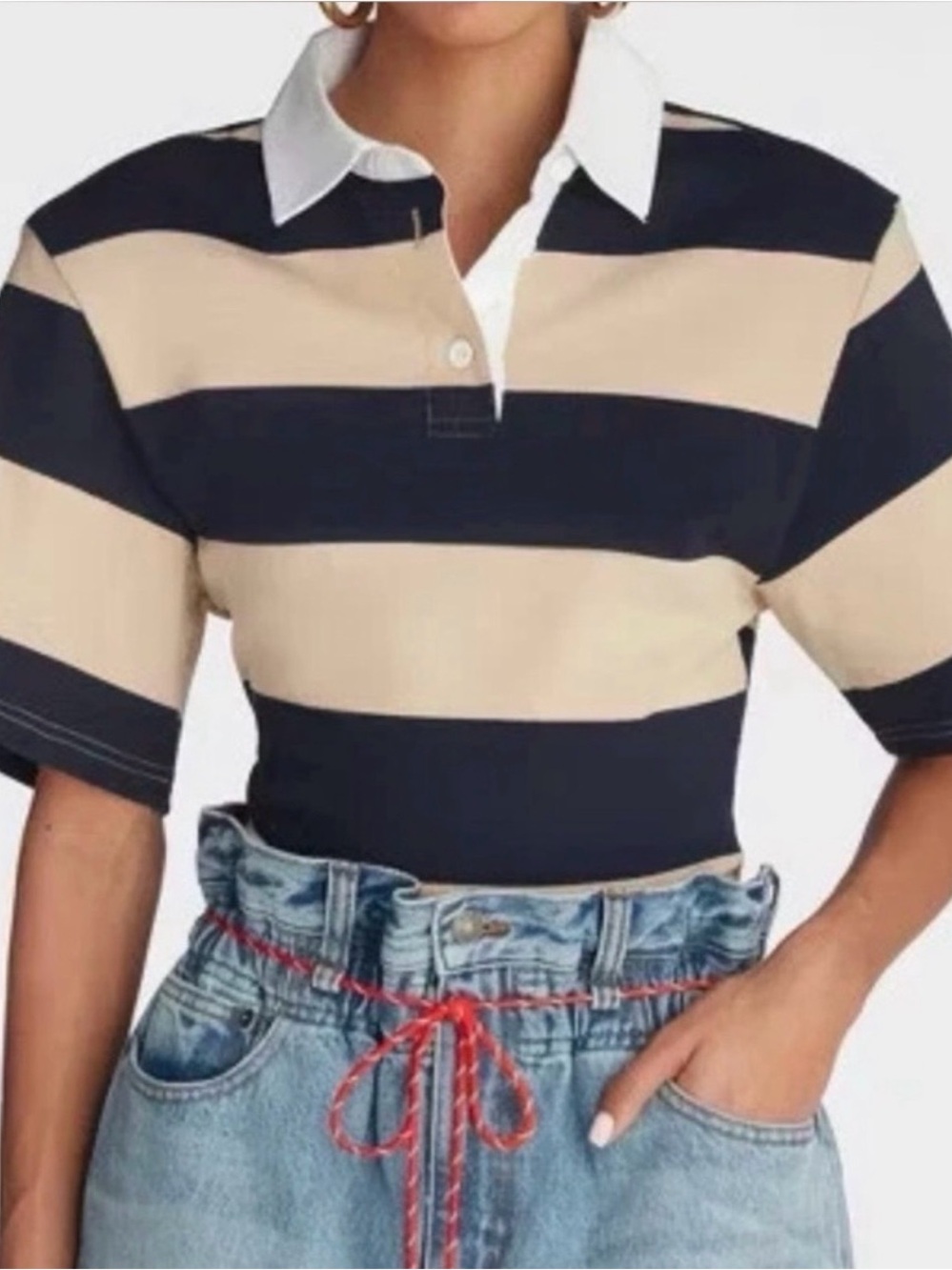 KBB by KAHLONA :Striped Rugby Polo Top in Navy and Beige NWT